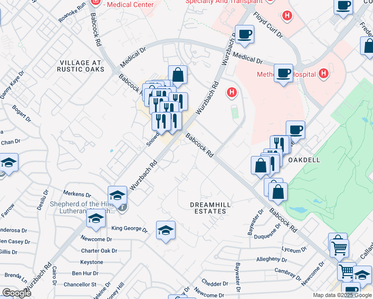 map of restaurants, bars, coffee shops, grocery stores, and more near 2202 Babcock Road in San Antonio