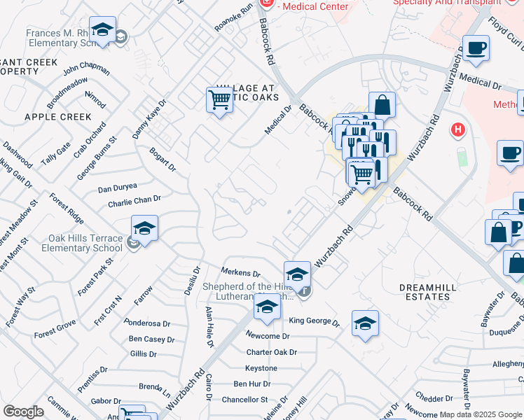 map of restaurants, bars, coffee shops, grocery stores, and more near 5450 Rowley Road in San Antonio
