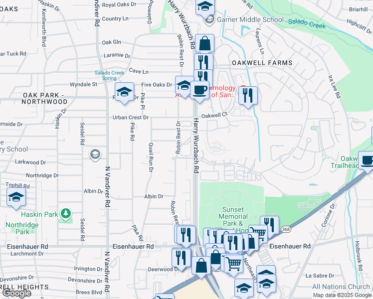 map of restaurants, bars, coffee shops, grocery stores, and more near 3230 Oakleaf Drive in San Antonio