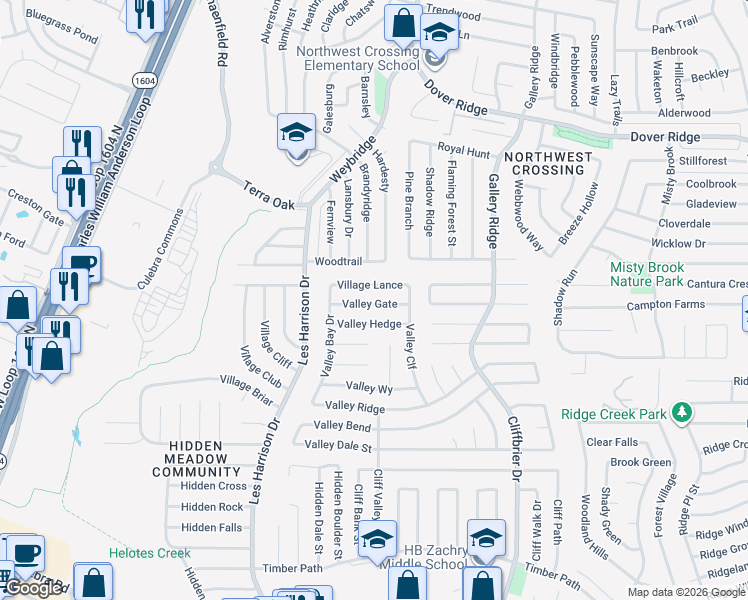 map of restaurants, bars, coffee shops, grocery stores, and more near 9334 Village Lance in San Antonio