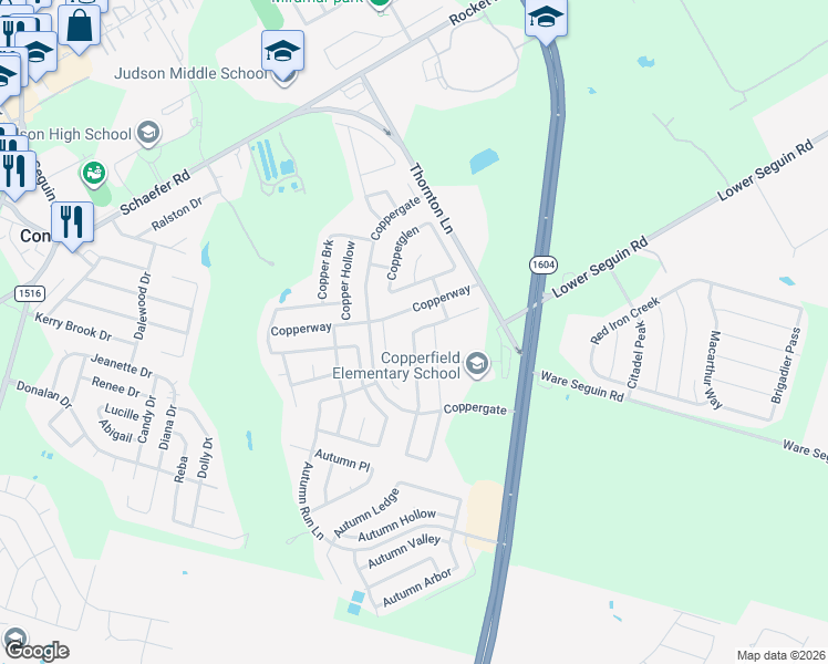 map of restaurants, bars, coffee shops, grocery stores, and more near 9718 Copperway in Converse
