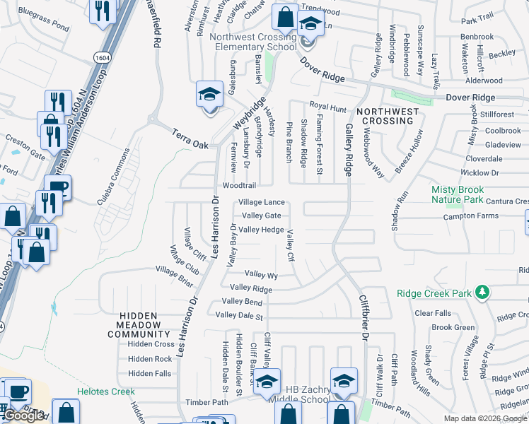 map of restaurants, bars, coffee shops, grocery stores, and more near 9334 Village Lance in San Antonio