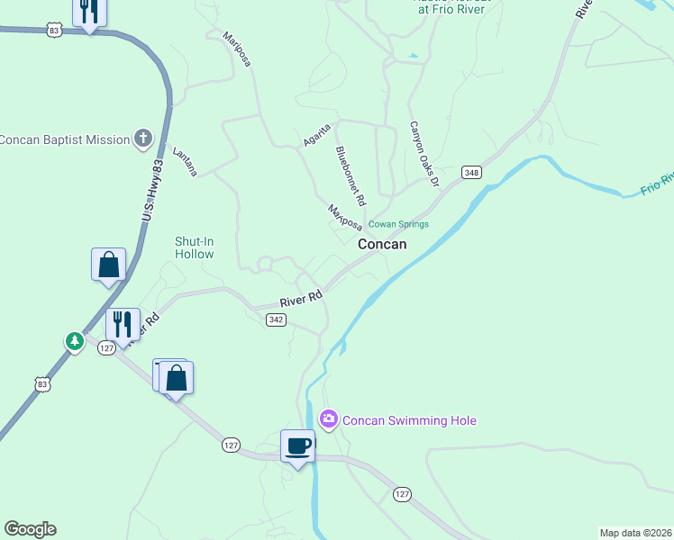 map of restaurants, bars, coffee shops, grocery stores, and more near 767 River Road in Concan