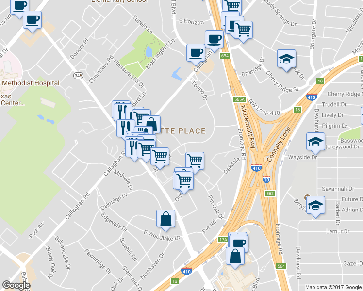 map of restaurants, bars, coffee shops, grocery stores, and more near 3549 Magic Drive in San Antonio