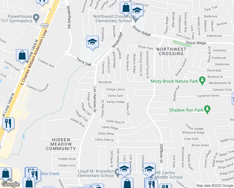 map of restaurants, bars, coffee shops, grocery stores, and more near 9343 Valley Gate in San Antonio