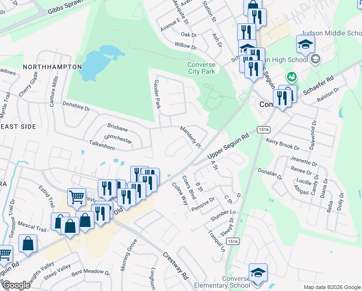 map of restaurants, bars, coffee shops, grocery stores, and more near 7331 Caddington Drive in Converse