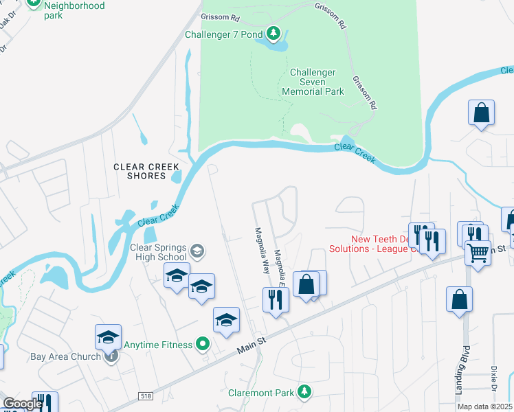 map of restaurants, bars, coffee shops, grocery stores, and more near 422 Magnolia Way in League City
