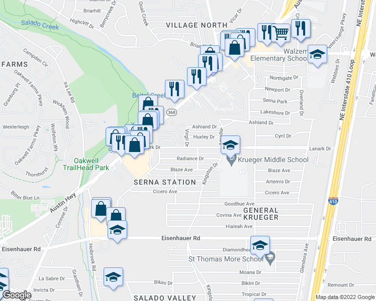 map of restaurants, bars, coffee shops, grocery stores, and more near 246 Lanark Drive in San Antonio