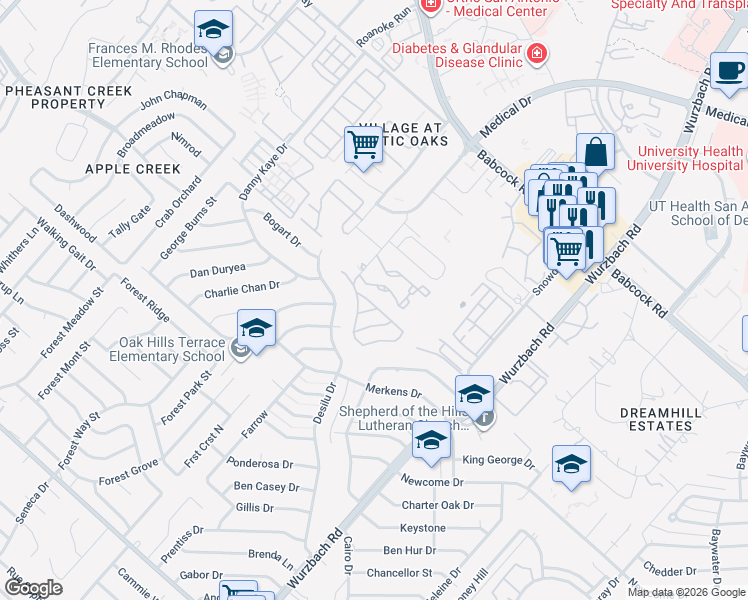 map of restaurants, bars, coffee shops, grocery stores, and more near 5460 Rowley Road in San Antonio