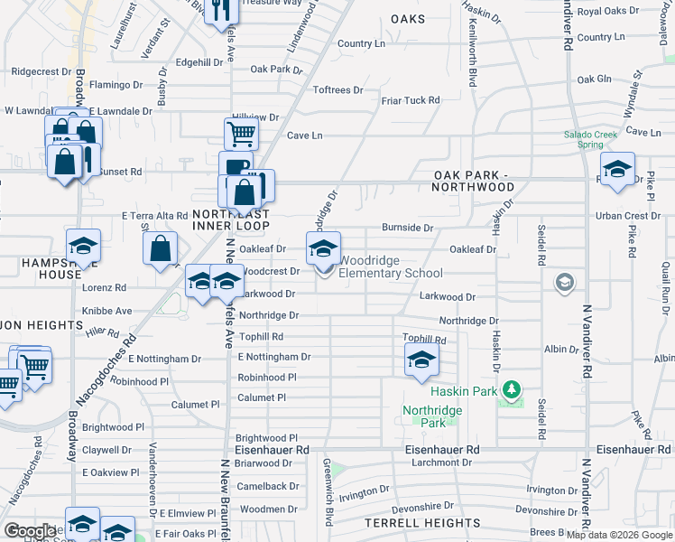 map of restaurants, bars, coffee shops, grocery stores, and more near 100 Woodridge Drive in San Antonio