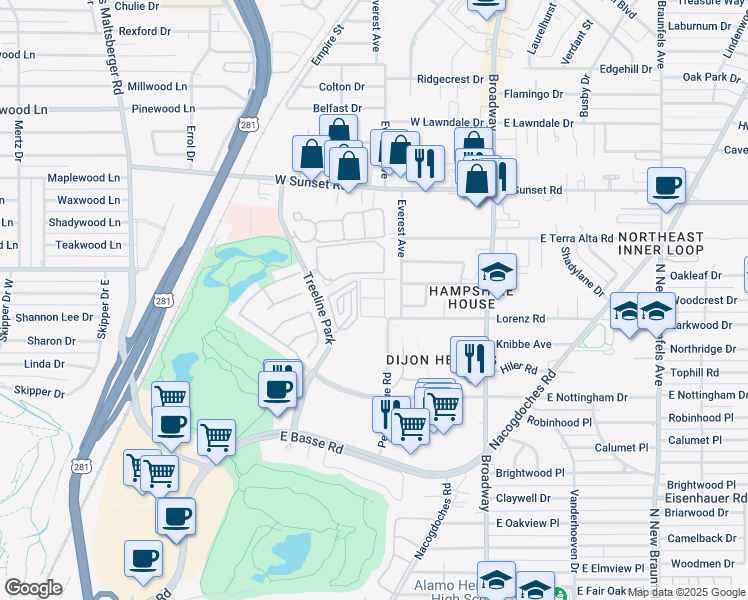 map of restaurants, bars, coffee shops, grocery stores, and more near 100 Lorenz Road in San Antonio
