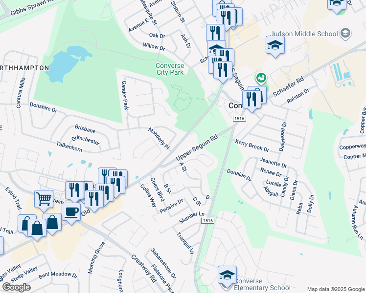 map of restaurants, bars, coffee shops, grocery stores, and more near 7709 Old Seguin Road in Converse