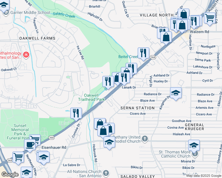 map of restaurants, bars, coffee shops, grocery stores, and more near 2029 Austin Highway in San Antonio