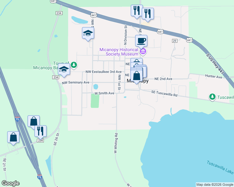 map of restaurants, bars, coffee shops, grocery stores, and more near 107 West Smith Avenue in Micanopy
