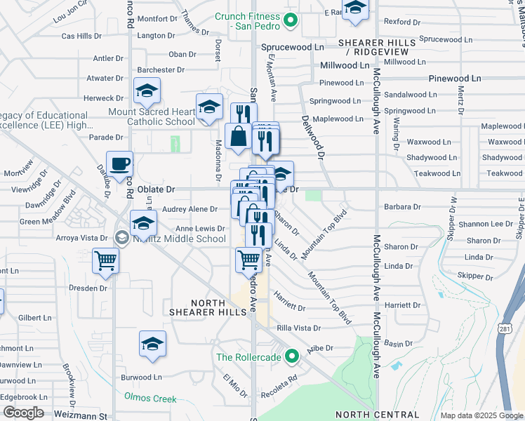 map of restaurants, bars, coffee shops, grocery stores, and more near 6840 San Pedro Avenue in San Antonio