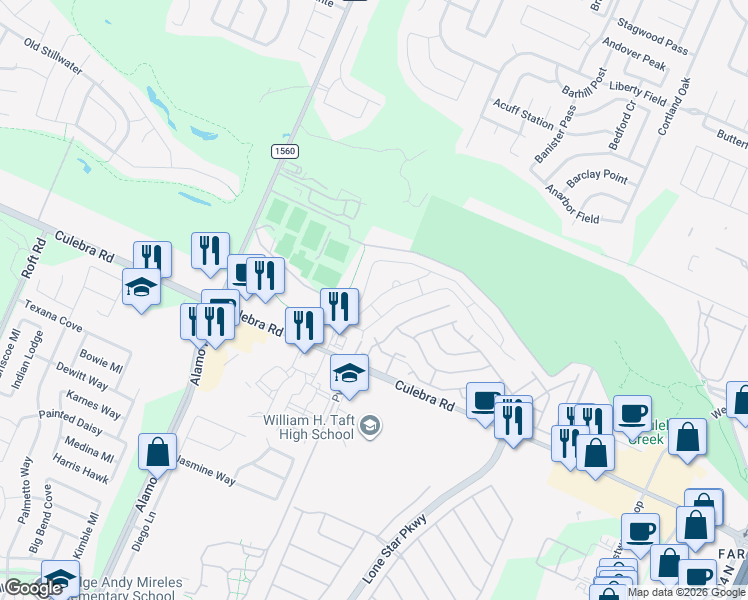 map of restaurants, bars, coffee shops, grocery stores, and more near 11631 Culebra Road in San Antonio
