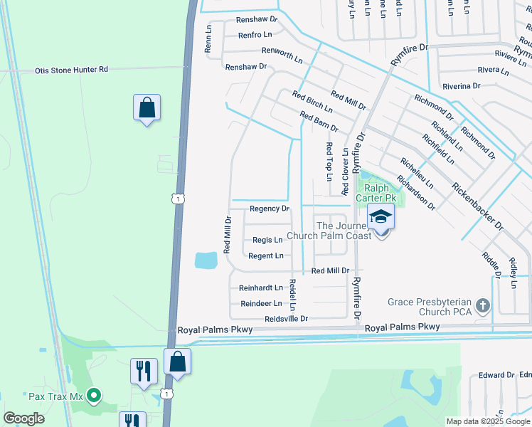 map of restaurants, bars, coffee shops, grocery stores, and more near 46 Regency Drive in Palm Coast