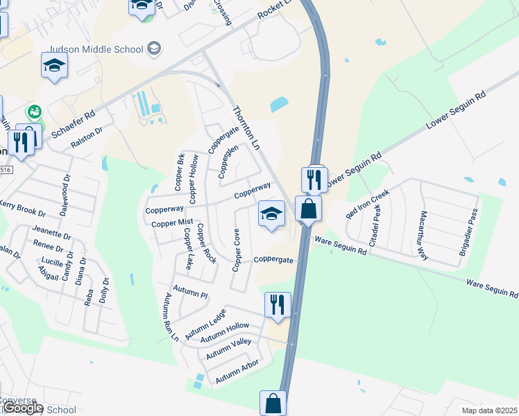 map of restaurants, bars, coffee shops, grocery stores, and more near 9831 Copper Rise in Converse