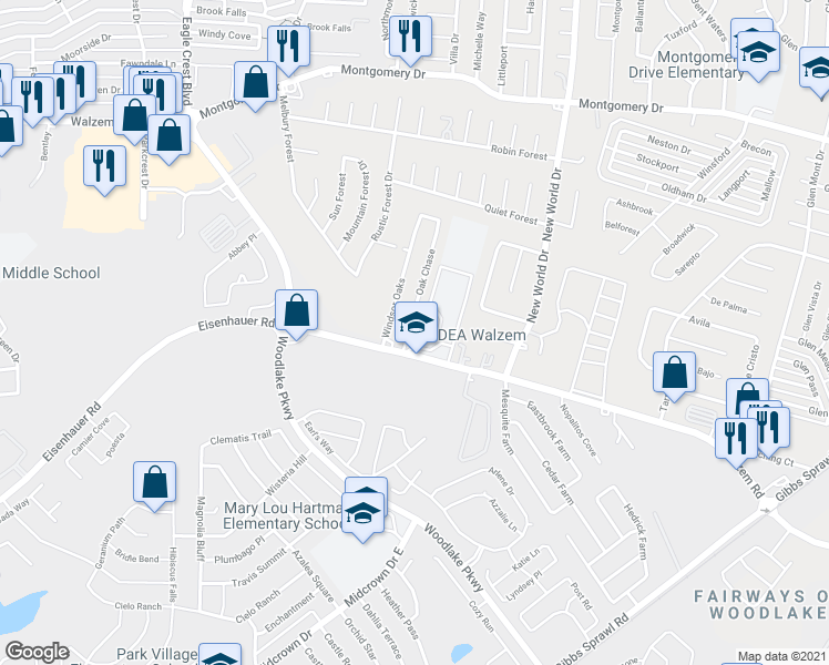 map of restaurants, bars, coffee shops, grocery stores, and more near 7510 Oak Chase in San Antonio