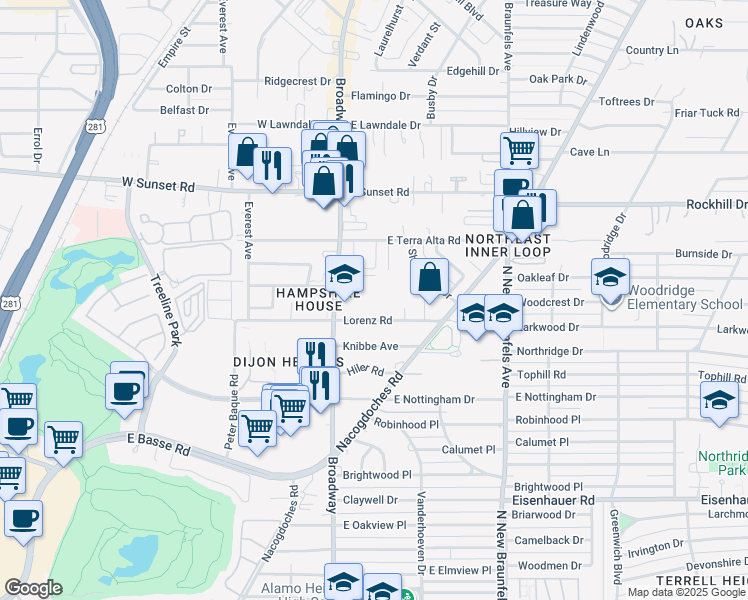 map of restaurants, bars, coffee shops, grocery stores, and more near 7603 Vinewood Court in San Antonio