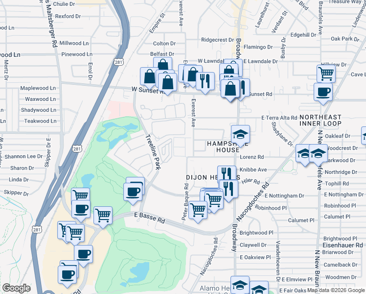 map of restaurants, bars, coffee shops, grocery stores, and more near 331 Everest Street in San Antonio