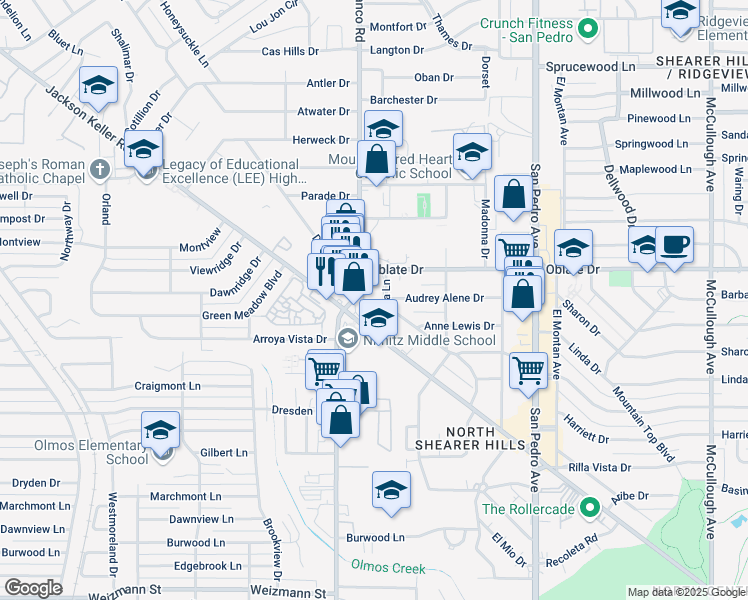 map of restaurants, bars, coffee shops, grocery stores, and more near 48 Oblate Drive in San Antonio