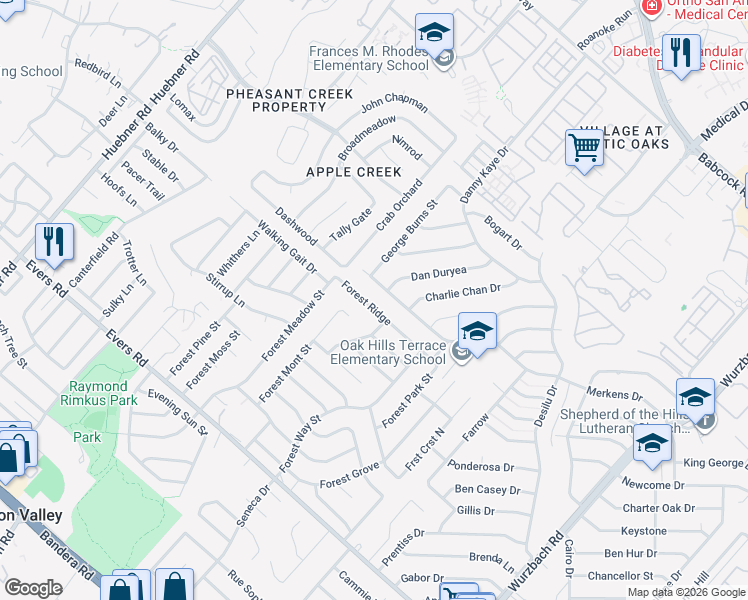 map of restaurants, bars, coffee shops, grocery stores, and more near 6031 Forest Ridge in San Antonio