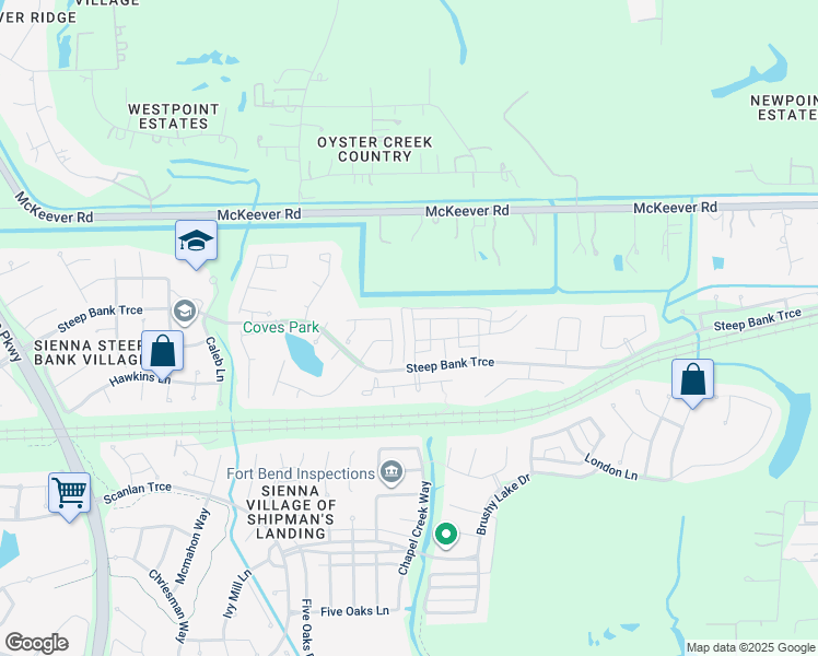 map of restaurants, bars, coffee shops, grocery stores, and more near 3938 Chestnut Bend in Missouri City