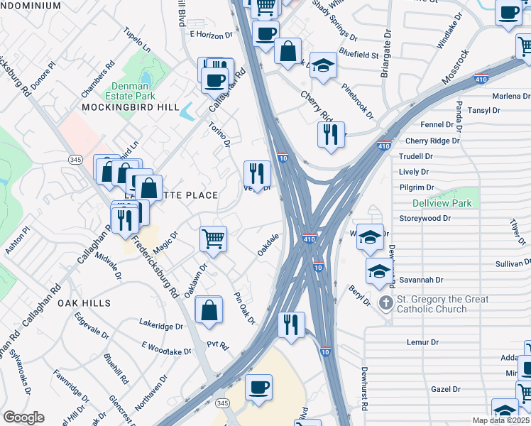 map of restaurants, bars, coffee shops, grocery stores, and more near 7530 Interstate 10 in San Antonio