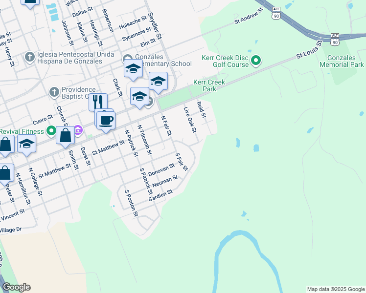 map of restaurants, bars, coffee shops, grocery stores, and more near 3386 Contour Drive in Gonzales