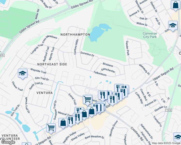 map of restaurants, bars, coffee shops, grocery stores, and more near 8002 Manderly Place in Converse