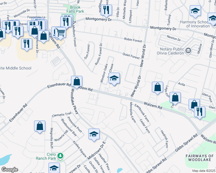 map of restaurants, bars, coffee shops, grocery stores, and more near 7510 Oak Chase in San Antonio
