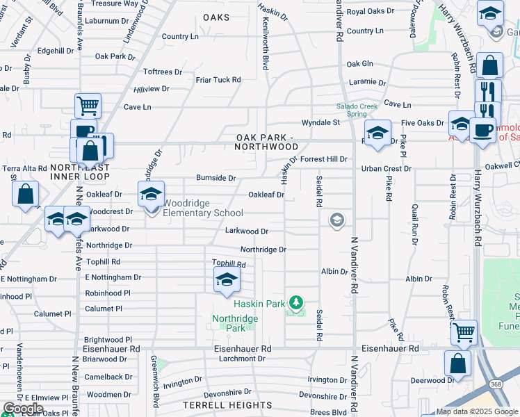 map of restaurants, bars, coffee shops, grocery stores, and more near 531 Woodcrest Drive in San Antonio