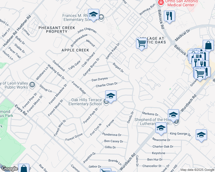 map of restaurants, bars, coffee shops, grocery stores, and more near 5632 Charlie Chan Drive in San Antonio