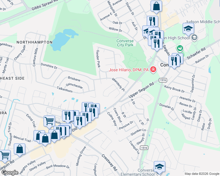 map of restaurants, bars, coffee shops, grocery stores, and more near 7343 Daulton Ridge in Converse