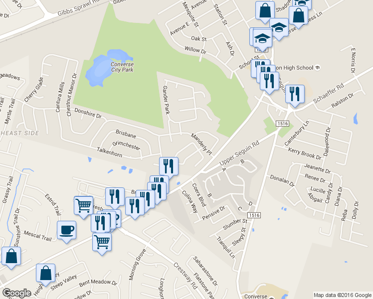 map of restaurants, bars, coffee shops, grocery stores, and more near 7343 Daulton Ridge in Converse