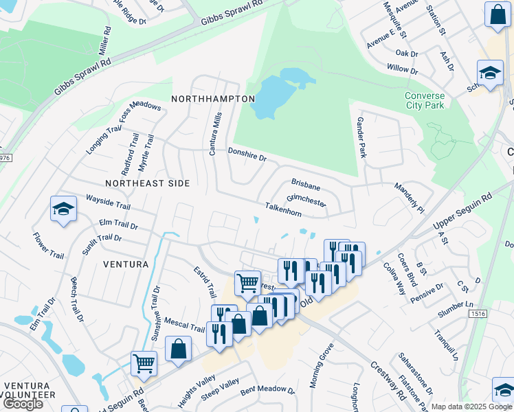 map of restaurants, bars, coffee shops, grocery stores, and more near 8002 Manderly Place in Converse