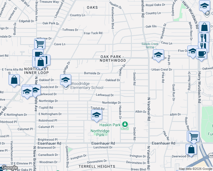 map of restaurants, bars, coffee shops, grocery stores, and more near 531 Woodcrest Drive in San Antonio