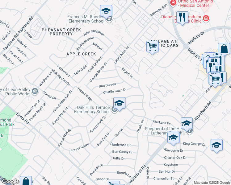 map of restaurants, bars, coffee shops, grocery stores, and more near 5632 Charlie Chan Drive in San Antonio