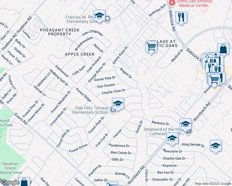 map of restaurants, bars, coffee shops, grocery stores, and more near 5632 Charlie Chan Drive in San Antonio