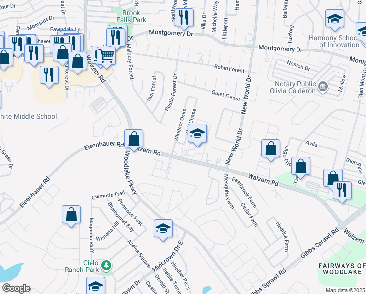map of restaurants, bars, coffee shops, grocery stores, and more near 7510 Oak Chase in San Antonio