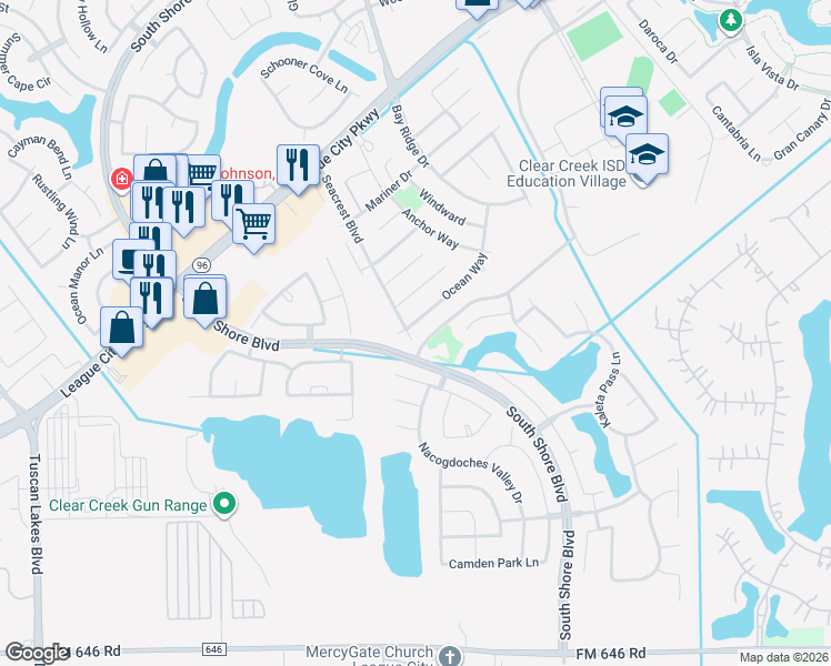map of restaurants, bars, coffee shops, grocery stores, and more near 2905 Ocean Way in League City