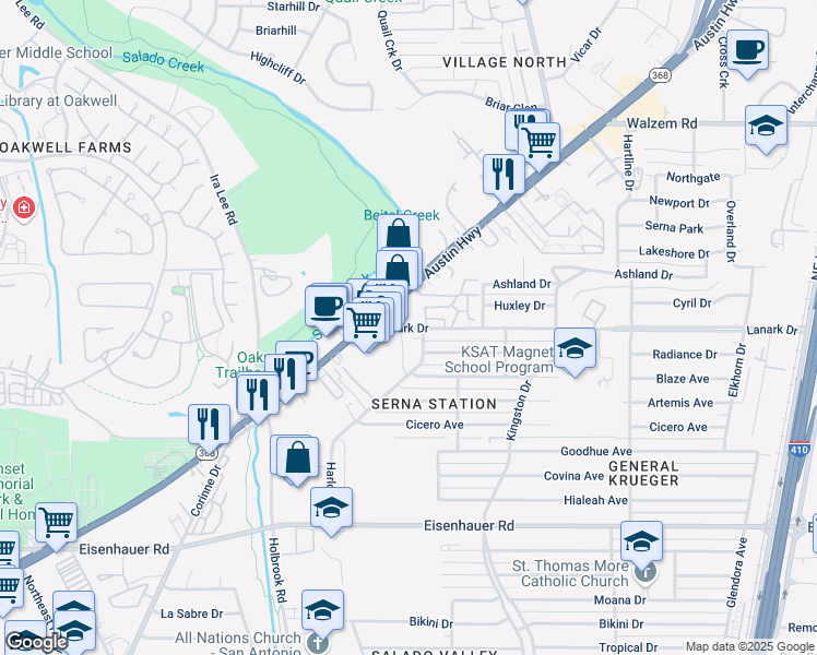 map of restaurants, bars, coffee shops, grocery stores, and more near 137 Lanark Drive in San Antonio