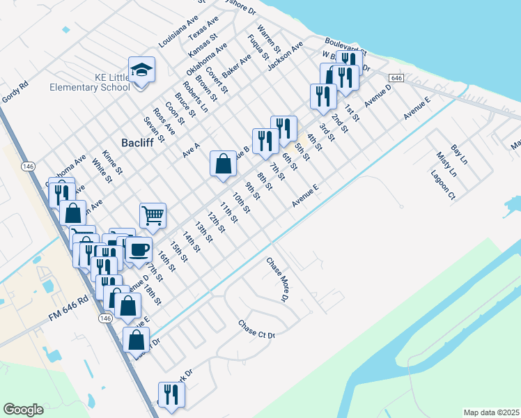 map of restaurants, bars, coffee shops, grocery stores, and more near 4720 9th Street in Bacliff