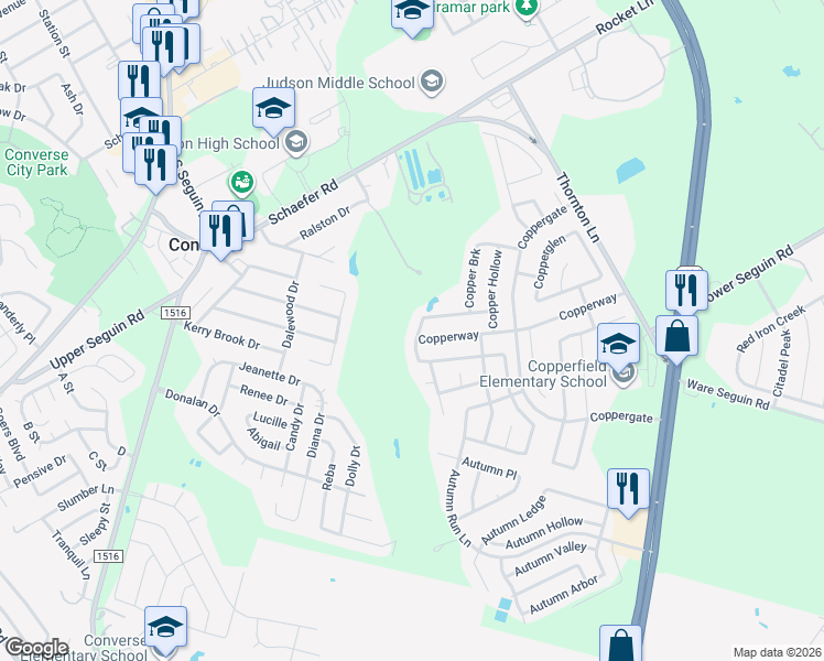 map of restaurants, bars, coffee shops, grocery stores, and more near 7711 Copper Palm in Converse