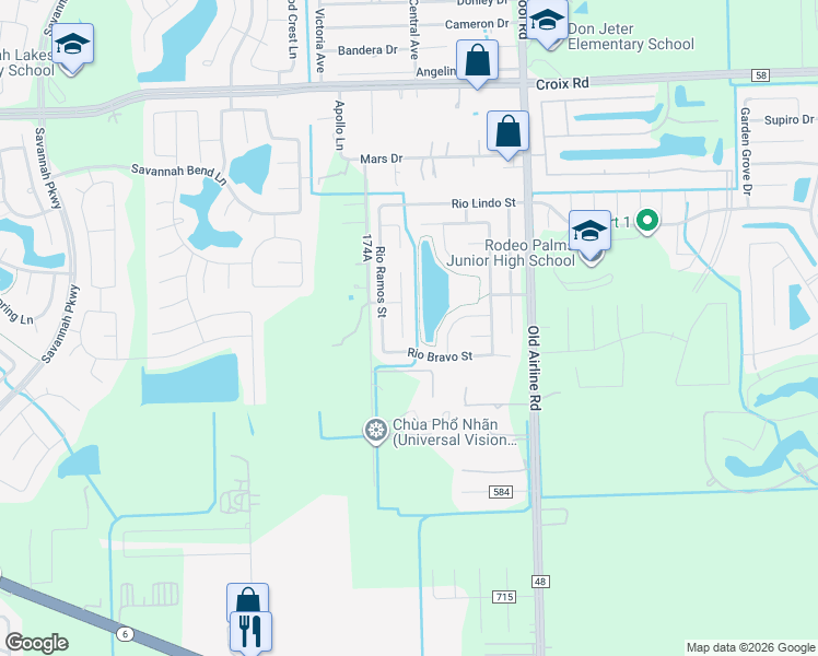 map of restaurants, bars, coffee shops, grocery stores, and more near 5510 Rio Alamo Street in Rosharon
