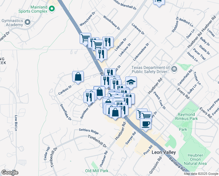 map of restaurants, bars, coffee shops, grocery stores, and more near 7133 Bandera Road in San Antonio