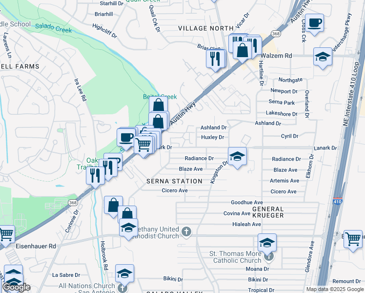 map of restaurants, bars, coffee shops, grocery stores, and more near 233 Lanark Drive in San Antonio