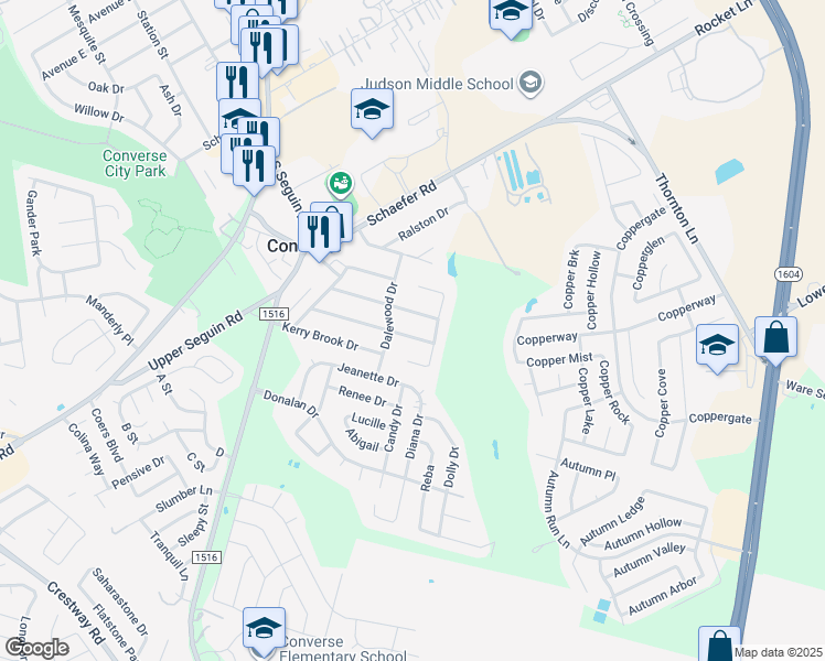 map of restaurants, bars, coffee shops, grocery stores, and more near 306 Kingsman Street in Converse