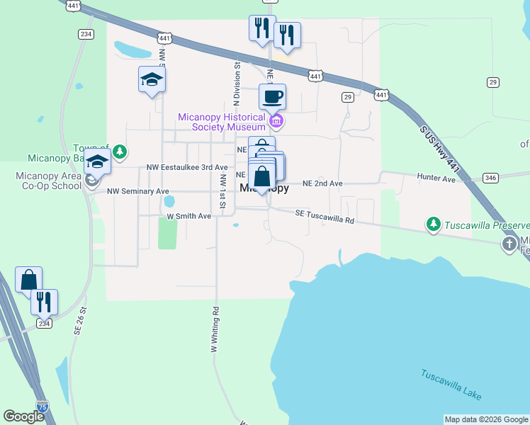 map of restaurants, bars, coffee shops, grocery stores, and more near 151 Northeast Ocala Avenue in Micanopy